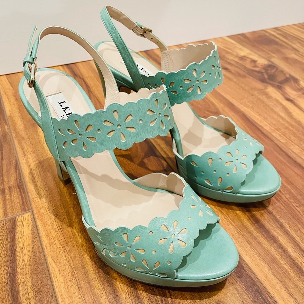 New LK Bennett Aroa heeled leather sandals seafoam green 6.5 37 Spain